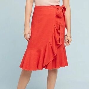 Anthropologie HOLDING HORSES Coral Ruffle-Hem Skirt